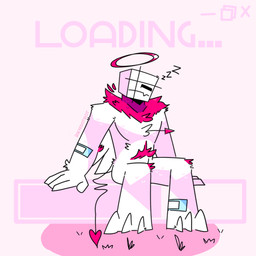1_eye 3_toes 4_fingers anthro arrow_(weapon) band-aid band-aid_on_arm band-aid_on_leg bandage biped eyes_closed feet fingers flesh_fang front_view fur halo male multicolored_body neck_tuft nude nude_anthro nude_male pink_background pink_body pink_fur plantigrade ranged_weapon simple_background sitting sleeping solo sound_effects spade_tail square_head tail text toes tuft two_tone_body vowelless vowelless_sound_effect weapon white_body zzz skykdotidot kinetic_(skykdotidot) unknown_species 1:1 2023 artist_name digital_drawing_(artwork) digital_media_(artwork) english_text full-length_portrait hi_res pink_theme portrait