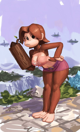 alternate_species anthro arm_cannon barefoot battlefield_(super_smash_bros) big_breasts blaster bottomwear breasts brown_body brown_fur brown_hair cleavage clothed clothing cosplay crop_top crossover_cosplay day feet female floating_island fur furrification hair hand_on_hip leaning leaning_forward midriff navel outside prehensile_feet ranged_weapon shirt short_hair shorts simple_eyes sky solo text text_on_clothing text_on_crop_top text_on_shirt text_on_topwear toes topwear weapon redustheriotact donkey_kong_(series) nintendo super_smash_bros. candy_kong mii_gunner haplorhine mammal mii mii_(nintendo) monkey primate crossover hi_res