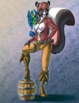 anthro barrel boots carrying_another clothing duo ear_piercing female footwear hand_on_hip high_heeled_boots high_heels knee_boots knee_highs legwear micro on_shoulder piercing pirate shoes solo_focus standing step_pose tail translucent translucent_clothing brindle ara_(genus) avian bird blue-and-yellow_macaw macaw mammal mephitid neotropical_parrot parrot skunk true_parrot