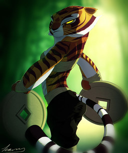 anthro bottomwear breasts butt clothing exercise female frown fur holding_object markings muscular muscular_anthro pants red_eyes small_breasts solo striped_body striped_fur striped_markings striped_tail stripes tail tail_markings whiskers workout wraps yellow_sclera ikaruss_draws dreamworks kung_fu_panda master_tigress felid mammal pantherine tiger 5:6 absurd_res hi_res signature