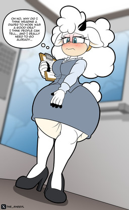 anthro big_diaper biped blue_eyes blush bottomwear clean_diaper clothed clothing diaper diaper_under_clothing diaper_under_skirt exposed_diaper female footwear full-face_blush high_heels huge_diaper nervous office_clothing office_lady omorashi pencil_skirt shoes skirt solo text thought_bubble topwear vest wearing_diaper white_body the_sheepl idw_publishing sega sonic_the_hedgehog_(comics) sonic_the_hedgehog_(idw) sonic_the_hedgehog_(series) lanolin_the_sheep_(sonic) bovid caprine mammal sheep 2024 english_text hi_res