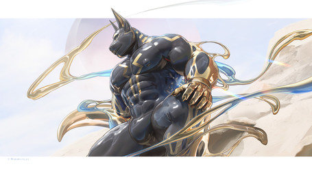 abs anthro barazoku biceps black_body border bulge chest_markings claws desert finger_claws gold_body golden_inner_ear male markings multicolored_body muscular muscular_anthro muscular_male navel nipple_outline on_rock outside rock sand sitting sitting_on_rock sky slime solo two_tone_body white_border yellow_eyes takahirosi egyptian_mythology middle_eastern_mythology mythology anubis anubian_jackal canid canine canis deity jackal mammal symbiote 16:9 2025 hi_res widescreen