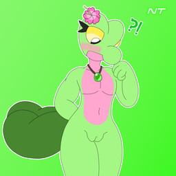 2_tails anthro belly blush confusion exclamation_point eyelashes female flat_chested flower_on_head genitals green_body hands_behind_back head_flower interrobang jewelry looking_down multi_tail necklace nude pink_belly pokemorph pose question_mark simple_background solo standing surprised tail vulva yellow_eyes ninjatreecko nintendo pokemon fern_shinamori generation_3_pokemon pokemon_(species) reptile scalie treecko 1:1 hi_res