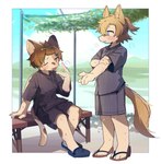 anthro biped blue_eyes blush blush_lines brown_eyes brown_hair clothed clothing duo fingers hair kemono male one_eye_closed tail young young_anthro young_male kuromu aoi_(kuromu) hinata_(kuromu) calico_cat domestic_cat equid equine felid feline felis horse mammal hi_res