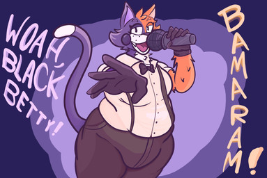 anthro big_breasts bow_tie breasts brown_clothing cheek_markings cheek_tuft clothing collared_shirt dress_shirt electronics facial_markings facial_tuft fangs female fur gesture gloves hand_gesture handwear head_markings head_tuft looking_at_viewer lyrics markings microphone multicolored_body multicolored_fur music open_mouth orange_body orange_fur overweight overweight_female performance purple_background purple_body purple_fur shirt simple_background singing solo song suspenders tail tan_clothing tan_shirt tan_topwear teeth topwear tuft two_tone_body two_tone_fur white_body white_fur jazzydeetective caravan_palace callie_calico calico_cat domestic_cat felid feline felis mammal absurd_res digital_drawing_(artwork) digital_media_(artwork) hi_res