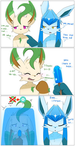 anthro anthrofied blue_body blue_fur blue_hair blush blush_lines dialogue duo ellipsis eyelashes eyes_closed fangs female food frozen fur hair ice ice_cube open_mouth pokemorph popsicle purple_eyes simple_background tan_body tan_fur tan_hair teeth text type_advantage white_background yellow_eyes nakachidragon nintendo pokemon blizzy_(naka) ivya_(naka) eeveelution generation_4_pokemon glaceon leafeon pokemon_(species) 2026 absurd_res comic digital_media_(artwork) english_text hi_res sibling_(lore) sister_(lore) sisters_(lore)
