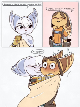 anthro blush bodily_fluids clothed clothed_male clothing cybernetic_arm cybernetic_limb dialogue duo exclamation_point eyes_closed female fur gloves hair handwear hug male male/female open_mouth pink_nose sweat sweatdrop tail text towel towel_only white_body white_fur white_hair yellow_body yellow_fur time_fluffy500 ratchet_and_clank sony_corporation sony_interactive_entertainment ratchet_(ratchet_and_clank) rivet_(ratchet_and_clank) lombax mammal comic english_text hi_res