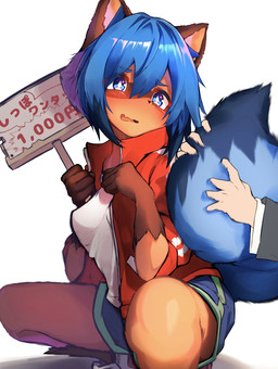 abstract_background anthro blue_eyes blue_hair blush bottomwear clothed clothing crouching disembodied_hand duo female fluffy fluffy_tail hair holding_object holding_sign humanoid_hands jacket open_mouth shirt shorts sign simple_background solo_focus tail tail_grab text topwear white_clothing white_shirt white_topwear tabhead brand_new_animal studio_trigger michiru_kagemori canid canine human mammal raccoon_dog tanuki digital_media_(artwork) hi_res japanese_text translated