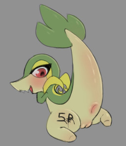 anus bared body_writing bodypaint exposed fangs female feral genitals presenting presenting_anus presenting_vulva raised_tail solo tail teeth thick_tail vulva writing_on_butt mrmystery_guy nintendo pokemon generation_5_pokemon pokemon_(species) reptile scalie snake snivy