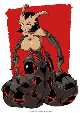 apode black_hair breasts cybernetics female hair horn legless looking_at_viewer machine red_eyes serpentine solo split_form text weapon kukuruyoart doom_(series) id_software microsoft cyborg demon draconcopode humanoid lamia reptile scalie snake whiplash_(doom) hi_res url