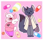 anthro bandage big_eyes big_tail border candy cute_fangs cute_pose dessert drugs duo exclamation_point fangs female food fur gradient_background hair hooves hug lollipop long_tail male male/female medical_instrument pills scientific_instrument short_hair short_tail simple_background size_difference tail teeth white_border wool_(fur) twtr jim_the_lamb wolf_(twtr) bovid canid canine canis caprine mammal sheep wolf