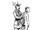 2022 anthro antlers black_and_white butt casual_nudity clothed clothed/nude clothed_male clothing deer deer_admiral_(hladilnik) domestic_cat duo facial_hair felid feline felis fur hat hat_only headgear headgear_only headwear headwear_only hi_res hladilnik holding_stethoscope horn male male/male mammal marine medical_instrument monochrome mostly_nude nude pinniped scientific_instrument ship's_catboy_(hladilnik) sideburns stethoscope striped_body striped_fur stripes walrus