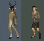 anthro antlers clothed clothing duo facial_hair featureless_crotch fur goatee hair horn looking_at_viewer male nude simple_background standing hitmore canid canine deer mammal hi_res