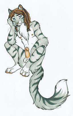4_fingers 4_toes anthro balls biped blue_eyes brown_hair chest_tuft dreadlocks erection feet fingers front_view fur genitals hair humanoid_genitalia humanoid_penis inner_ear_fluff looking_at_viewer male nipple_piercing nipples nude penis piercing simple_background sitting skinny smile solo stripes tail toes tuft whiskers white_background white_body white_fur noktivus domestic_cat felid feline felis mammal 2010