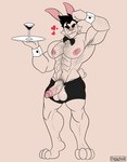 abs anthro areola armpit_hair balls barazoku big_balls biped body_hair bottomwear bunny_costume chest_hair clothing container costume cup digitigrade drinking_glass erection feet fingers fist foreskin front_view fur genitals glans glass glass_container glass_cup hair heart_symbol humanoid_genitalia humanoid_hands humanoid_penis looking_at_viewer male muscular muscular_anthro muscular_arms muscular_legs muscular_male navel nipples one_eye_closed partially_retracted_foreskin pecs penis pink_areola pink_nipples pubes raised_arm saggy_balls short_hair short_tail shorts simple_background smile solo standing tail tan_background tan_body tan_fur text toes vein veiny_penis wine_glass moschythehyena hugetherabbit lagomorph leporid mammal rabbit 2024 artist_name colored full-length_portrait hi_res portrait