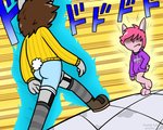 anthro barefoot bottomless bottomwear butt clothed clothing feet fire footwear hoodie legwear male shoes shorts socks sweater text thigh_highs topwear pokefound jojo's_bizarre_adventure loss meme_clothing sonny_boop lagomorph leporid mammal rabbit 5:4 japanese_text meme