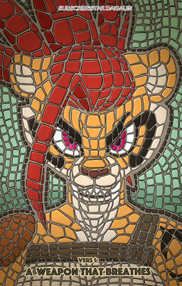 anthro armor black_nose breasts fangs female fur hair mosaic pauldron red_hair solo teeth text yellow_body yellow_fur daigaijin mazy_(daigaijin) felid feline mammal comic cover cover_art cover_page english_text hi_res
