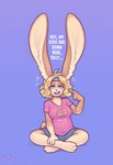 anthro biped blonde_hair blue_eyes bottomwear clothed clothing female hair hyper hyper_ears inner_ear_fluff logo long_ears looking_at_viewer multicolored_body open_mouth shorts simple_background sitting solo text tuft taffywabbit lagomorph leporid mammal rabbit 2022 artist_logo artist_name english_text hi_res