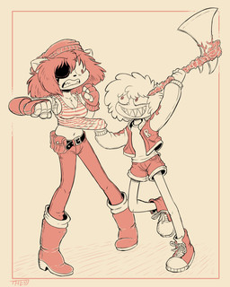 axe belt boots clothing duo female fight footwear male male/female prosthetic prosthetic_arm prosthetic_limb shoes text theocombelart domestic_cat felid feline felis human mammal absurd_res english_text hi_res