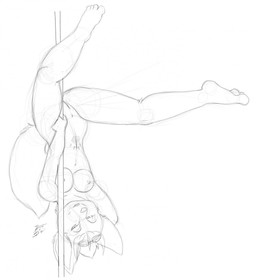 anthro breasts dancing eyewear female genitals goggles nipples nude pole pole_dancing solo tail upside_down vulva os canid canine fox mammal 2013 hi_res monochrome sketch