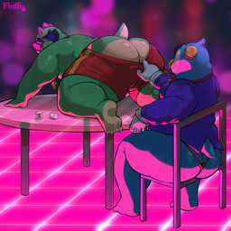 all_fours anthro barazoku big_butt black_tie_(suit) bottomwear bottomwear_down butt chair clothed clothing clothing_pull clubhouse container cup duo eyewear furniture gloves handwear hat hat_only headgear headgear_only headwear headwear_only looking_back male male/male mostly_nude on_chair on_table partially_clothed pink_light raised_tail shorts shorts_down sitting sitting_on_chair suit sunglasses table tail thong underwear underwear_down fluffo_boyo brawl_stars supercell_(company) buzz_(brawl_stars) mr.p_(brawl_stars) avian bird dinosaur penguin prehistoric_species reptile scalie 1:1 hi_res