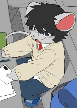 anthro backpack black_eyes black_hair bottomwear clothing electronics eyewear fingers fist footwear fur glasses grey_body grey_fur hair holding_object holding_phone male necktie open_mouth pants pencil_(object) phone red_necktie serious shirt sitting solo sweater tail topwear white_clothing white_shirt white_topwear young young_anthro young_male satsuki_rabbit mammal mouse murid murine rodent 2023 absurd_res hi_res japanese_description