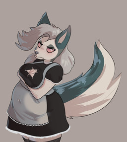anthro arm_under_breasts belly big_belly big_breasts blush breasts cleavage cleavage_cutout clothed clothing crossed_arms curvy_figure cutout dress female fluffy fluffy_tail grey_background grey_hair grey_nose grumpy hair legwear looking_at_viewer maid_uniform monotone_background navel pink_sclera simple_background slightly_chubby slightly_chubby_female solo tail thick_thighs thin_eyebrows two_tone_tail uniform voluptuous white_eyes wide_hips sweetershark hellaverse helluva_boss mythology loona_(helluva_boss) canid canid_demon canine demon hellhound mammal mythological_canine mythological_creature absurd_res hi_res
