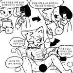 1:1 arrow_sign blush bodily_fluids bottomless breasts canid canine canis censored clothed clothing ddil domestic_cat domestic_dog duo felid feline felis female korean korean_text male male/female mammal monochrome open_mouth sweat text