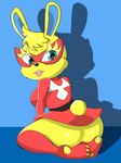 anthro butt clothed clothing dress female fur kneeling looking_back mask rear_view red_clothing red_dress solo yellow_body yellow_fur nojimmyplz animal_crossing nintendo mira_(animal_crossing) lagomorph leporid mammal rabbit full-length_portrait hi_res portrait