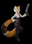 anthro belt black_background clothing collared_shirt dress_pants dress_shirt dress_shoes ear_tuft female fur gun hand_on_hip multicolored_body multicolored_fur necktie orange_body orange_fur ranged_weapon red_necktie red_panda_tail shirt simple_background sleeve_cuffs solo suit tight_clothing topwear tuft weapon white_body white_fur dragoon343 richard_(indecent) ailurid mammal red_panda 3d_(artwork) digital_media_(artwork) hi_res