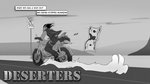 anthro black_hair clothing desert hair leather leather_clothing male money motorcycle road solo topwear vehicle vest pestdeath deserters gemini_pestdeath hybrid hyena mammal 16:9 comic monochrome widescreen