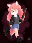 anthro boots bottomwear bow_(feature) bow_tie clothing coat female fluffy fluffy_tail footwear fur gun hair holding_gun holding_object holding_ranged_weapon holding_shotgun holding_weapon kemono pink_body pink_fur pink_hair ranged_weapon sawed-off_shotgun shoes shotgun skirt solo tail topwear trenchcoat walking weapon yellow_eyes young young_anthro superbinario fur_(theterm) canid canine mammal 2019 3:4 absurd_res hi_res