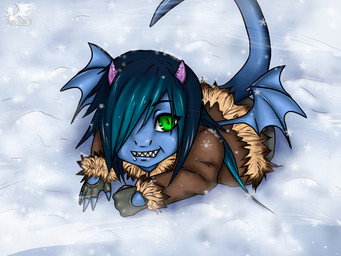 anthro blue_body blue_skin chibi clothing cold female gloves green_eyes handwear horn ice membrane_(anatomy) membranous_wings outside smile snow solo tail teeth wind wings winter eliana-asato mythology ena_(eliana) dragon mythological_creature mythological_scalie scalie 2011 4:3 signature