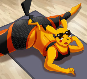 big_butt bottomwear brown_eyes bubble_butt butt clothing eyewear flexible high-angle_view lying male on_front pants shirt solo sunglasses tail tank_top tight_clothing topwear yellow_body aeltrix nintendo pokemon big_booty_pikachu generation_1_pokemon pikachu pokemon_(species) hi_res