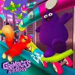 1:1 3d_(artwork) avian bird blezzbeats digital_media_(artwork) feathers fur green_body green_feathers grimace's_birthday grimace_(mcdonald's) hamburglar hi_res low_poly mammal mascot mcdonald's purple_body purple_fur retro rodent sciurid skateboard skateboarding tree_squirrel vehicle