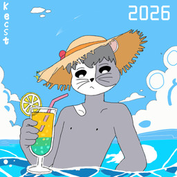 anthro beverage black_sclera clothing cloud cloudy_sky drinking_straw food front_view fruit hat headgear headwear juice_(beverage) lemon male male_anthro partially_submerged plant sea sky solo straw_hat water white_eyes kecst mammal mouse murid murine rodent 1:1 2026