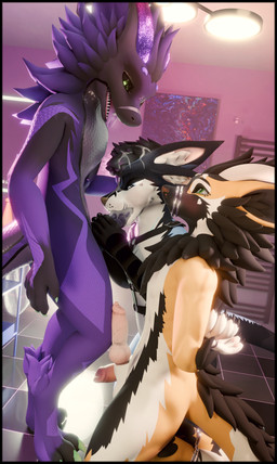 4_ears anthro arm_tied black_border bodily_fluids border bound butt clothing cuckold cum cum_drip cum_in_hair cum_in_mouth cum_inside cum_on_face cum_on_head cum_on_partner dripping ejaculation fellatio fur gear genital_fluids genitals group group_sex hair handjob happy harness inside kneeling knot knotted_penis leaking_cum licking living_room looking_at_another looking_pleasured male male/male multi_ear multicolored_body multicolored_fur muzzle_(object) muzzled nude oral penile penis penis_lick ring scaled_penis sex tail threesome tongue tongue_out trio lill_esp abiboi_(modeler) lill_espion deuzear nardoragon rexouium 3d_(artwork) absurd_res blender_(artwork) digital_media_(artwork) hi_res
