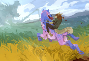 ambiguous_gender anthro barefoot blood blue_body blue_fur bodily_fluids bottomwear brown_bottomwear brown_clothing brown_pants clothed clothing duo_focus eyes_closed feet feral fur grass green_clothing green_topwear grin group leg_markings markings meadow mountain outside pants pink_body pink_fur plant quadruped riding sky smile socks_(marking) striped_body striped_fur stripes tan_body tan_fur three-quarter_view topwear trio unsigned corzh77 canid canine mammal species_request absurd_res hi_res