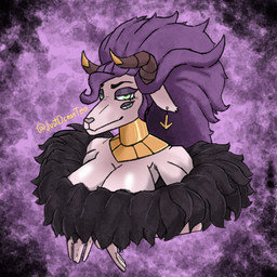 4_eyes anthro big_breasts breasts ear_piercing female fur gold_(metal) gold_jewelry green_eyes hair horn jewelry long_hair looking_at_viewer multi_eye piercing pink_body pink_fur pivoted_ears purple_hair solo ocncoffee cthulhu_mythos h._p._lovecraft lovecraftian_(genre) sucker_for_love sucker_for_love:date_to_die_for rhok'zan_(sucker_for_love) shub-niggurath_(h.p._lovecraft) bovid caprine caprine_demon deity demon eldritch_being goat goat_demon mammal outer_god_(h.p._lovecraft) 1:1 hi_res