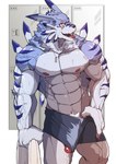 abs anthro biceps blep bodily_fluids bulge ear_piercing fangs genital_fluids genitals leaking_precum male muscular muscular_anthro muscular_male nipples pecs penis piercing precum scar solo teeth tongue tongue_out triceps vein veiny_muscles yellow_eyes asiahao520 bandai_namco digimon canid canine digimon_(species) mammal weregarurumon absurd_res hi_res