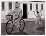 basket bicycle border building clothing container duo hat headgear headwear necktie open_mouth parody pedals running vehicle wheel white_border window bruce_mccorkindale bicycle_thieves muppets pbs sesame_street fozzie_bear kermit_the_frog amphibian bear frog mammal 2019 crossover greyscale hi_res monochrome signature