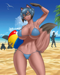 anthro ball beach beach_ball big_breasts bikini black_hair blue_hair breasts clothed clothing cloud female group hair huge_breasts inflatable multicolored_hair navel outside palm_tree plant sand sea seaside short_hair silhouette skimpy sky solo_focus swimwear tree two-piece_swimsuit two_tone_hair umbrella under_boob water instantgirl brand_new_animal studio_trigger michiru_kagemori avian bird canid canine mammal procyonid raccoon raccoon_dog tanuki hi_res