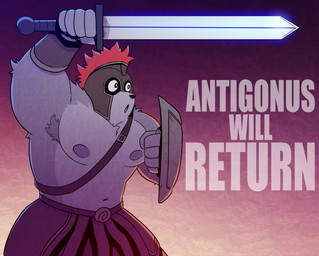 5_fingers anthro armor armpit_hair body_hair bottomwear clothing fingers fur glistening glistening_weapon grey_body grey_fur harness headgear helmet holding_melee_weapon holding_object holding_shield holding_sword holding_weapon male melee_weapon muscular muscular_anthro muscular_male nipples shield skirt solo sword text warrior weapon t0l0k antigonus_(t0l0k) canid canine canis mammal wolf 2024 character_name digital_media_(artwork) english_text hi_res portrait three-quarter_portrait