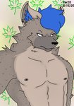 anthro black_outline blue_hair ear_piercing front_view hair male nipples nude outline piercing solo stripes tan_body tan_nipples fer hyena mammal digital_media_(artwork) half-length_portrait hi_res portrait