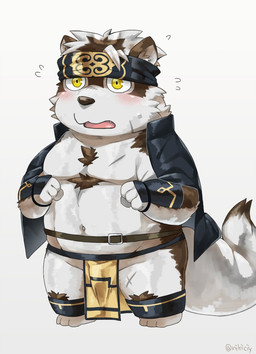 anthro belly black_nose blush bottomwear bulge chibi clothing grey_body humanoid_hands kemono loincloth male moobs navel overweight overweight_male simple_background solo yellow_eyes nikiciy lifewonders tokyo_afterschool_summoners horkeu_kamui_(tas) canid canine canis mammal wolf 2018 hi_res