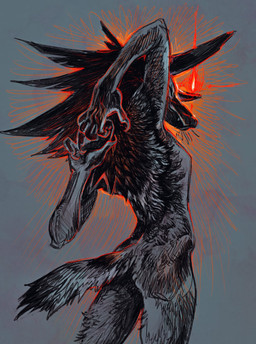 anthro back_tuft black_body black_fur claws eyes_closed fangs fur grey_body grey_fur hair hand_holding hands_behind_back long_claws long_ears male nude raised_tail rear_view red_light short_tail simple_background solo spiky_hair standing stretching tail teeth tuft bazteki canid canine canis coyote mammal hi_res portrait three-quarter_portrait