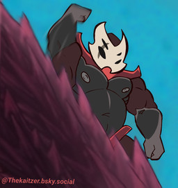 4_eyes anthro barazoku fighting_pose male mask multi_eye muscular nipples pecs pose raised_arm scar solo the_kaitzer hollow_knight:_silksong hollow_knight_(franchise) team_cherry crust_king_khann arthropod humanoid order_of_karak hi_res