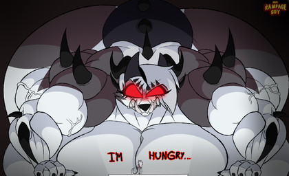 anthro belly big_belly big_breasts big_butt big_muscles black_nose breasts butt clothing duo female fingers fur grey_hair hair horn huge_belly huge_breasts huge_butt huge_muscles hyper hyper_belly hyper_breasts hyper_butt morbidly_obese morbidly_obese_anthro morbidly_obese_female muscular obese obese_anthro obese_female overweight overweight_anthro overweight_female red_clothing red_eyes sharp_teeth size_difference spikes spikes_(anatomy) square_crossover teeth text vein veiny_muscles white_body white_fur rampageguy hellaverse helluva_boss mythology kaijoona loona_(helluva_boss) canid canid_demon canine demon hellhound kaiju mammal mythological_canine mythological_creature 2025 absurd_res dated english_text hi_res