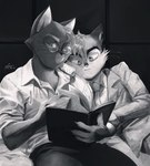 anthro book claws clothing cuddling dress_shirt duo eyewear gentleman glasses male male/male necktie old_timey reading reading_book scar shirt topwear yuu-chan lackadaisy mordecai_heller rocky_rickaby felid feline mammal absurd_res black_and_white hi_res monochrome