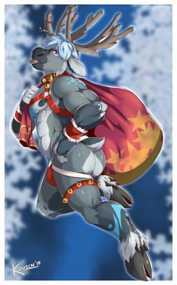 abs anthro antlers bag bell bell_collar bell_harness biceps blep blue_hair body_hair butt chest_hair chest_tuft clothed clothing collar fur grey_body grey_fur hair hand_on_hip harness holding_bag holding_object holidays hooves horn jingle_bell jingle_bell_harness jockstrap legband looking_down male mistletoe muscular muscular_anthro muscular_male nipples pecs plant pose pubes purple_eyes quads sack skimpy solo tongue tongue_out triceps tuft underwear wristband kousen christmas lester_(kousen) deer mammal new_world_deer reindeer 2019 absurd_res hi_res pinup